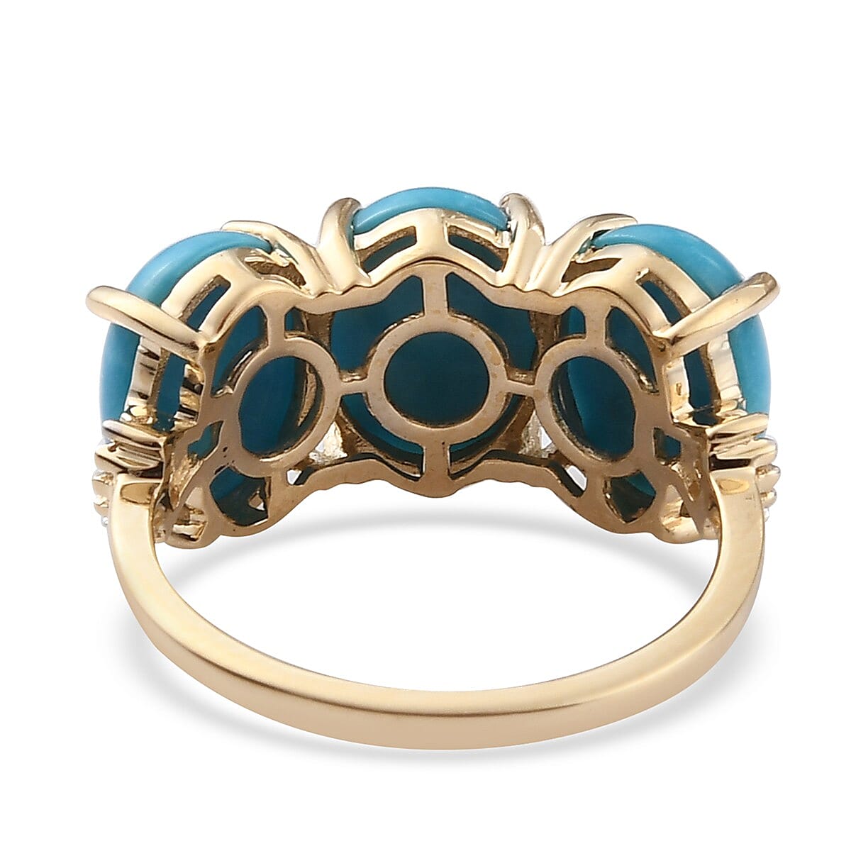Luxoro 10K Yellow Gold Premium AMERICAN Natural Sleeping Beauty Turquoise and G-H I3 Diamond 3 Stone Ring (Size 6.0) 4.35 ctw image number 4