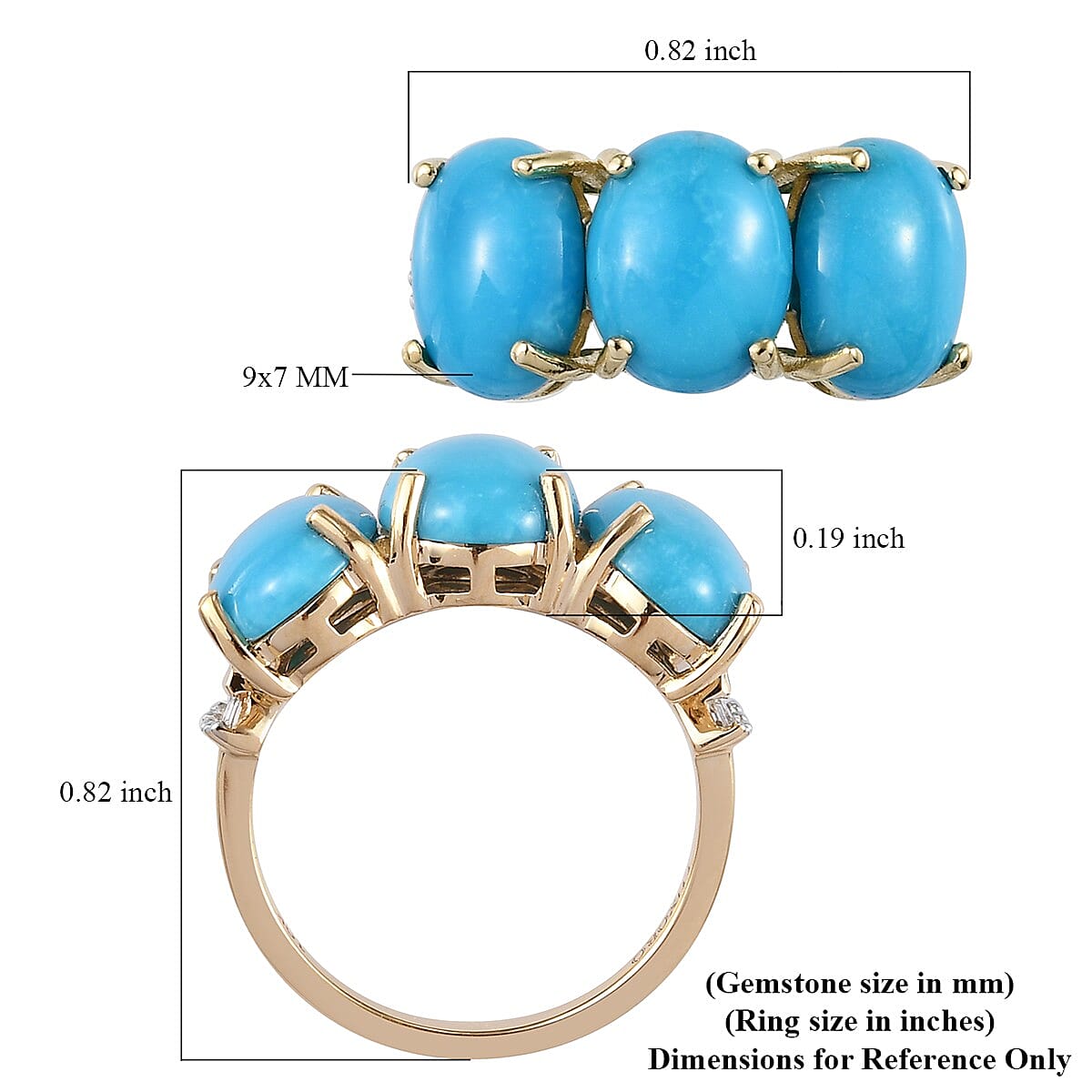Luxoro 10K Yellow Gold Premium AMERICAN Natural Sleeping Beauty Turquoise and G-H I3 Diamond 3 Stone Ring (Size 6.0) 4.35 ctw image number 5