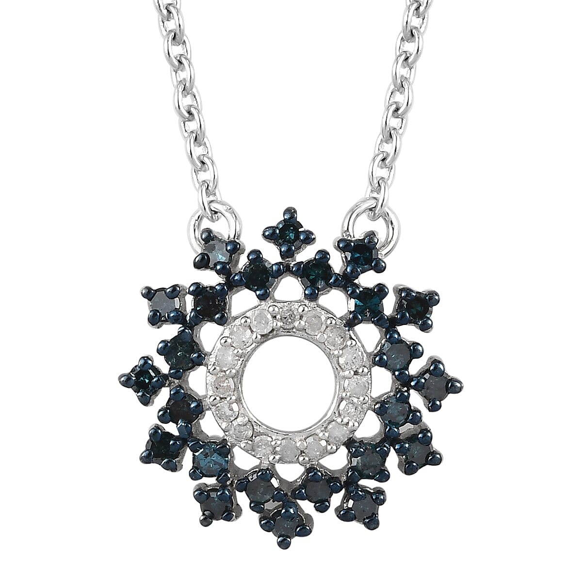Blue Diamond and Diamond Circle Pendant Necklace 20 Inches in Platinum Over Sterling Silver 0.50 ctw