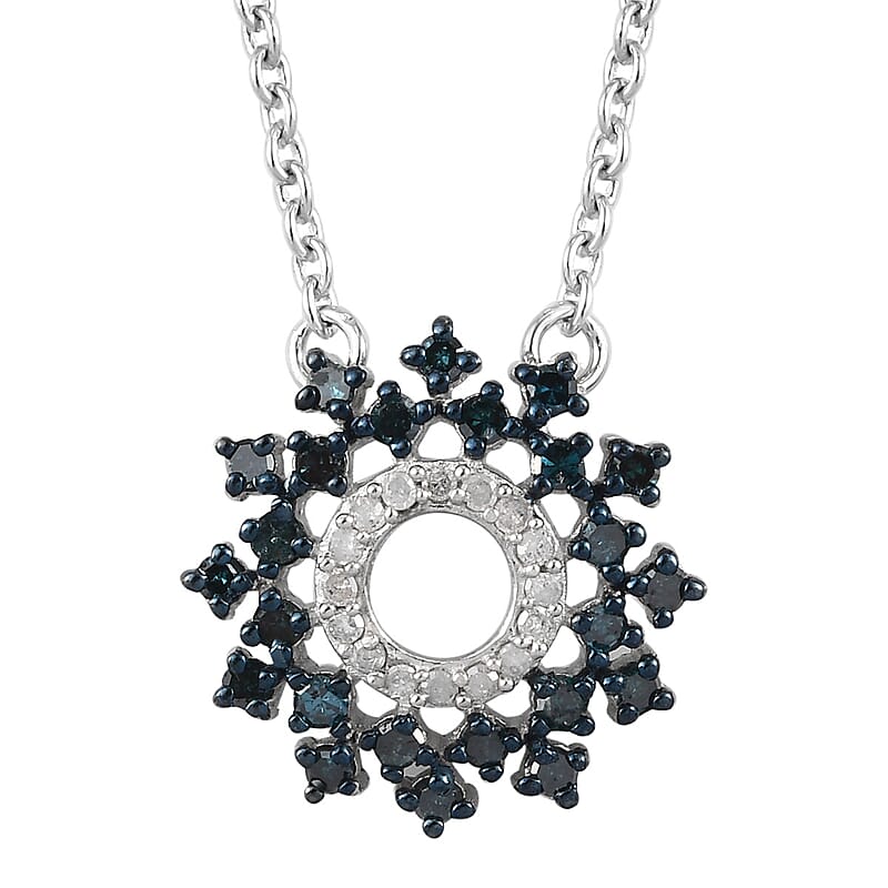 Blue Diamond and Diamond Circle Pendant Necklace 20 Inches in Platinum Over Sterling Silver 0.50 ctw