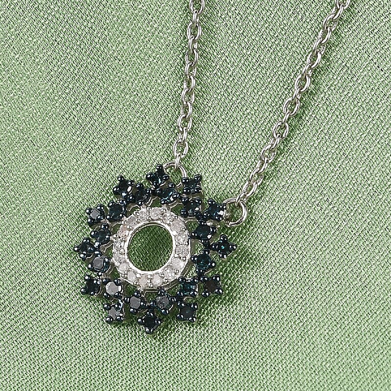 Blue Diamond and Diamond Circle Pendant Necklace 20 Inches in Platinum Over Sterling Silver 0.50 ctw
