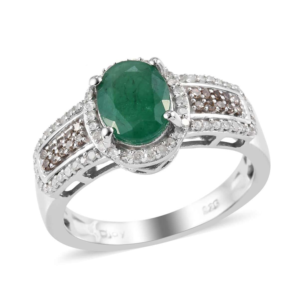 Emerald, Natural Champagne Diamond and White Diamond Ring in Platinum Over Sterling Silver (Size 9.0) 2.30 ctw image number 0