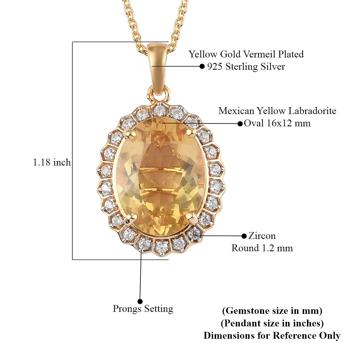 Mexican Yellow Labradorite and Zircon Pendant Necklace 20 Inches in Vermeil Yellow Gold Over Sterling Silver 8.20 ctw