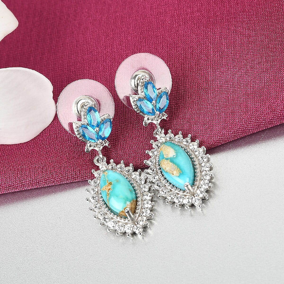 South Hill Turquoise and Multi Gemstone Dangling Earrings in Platinum Over Sterling Silver 5.65 ctw