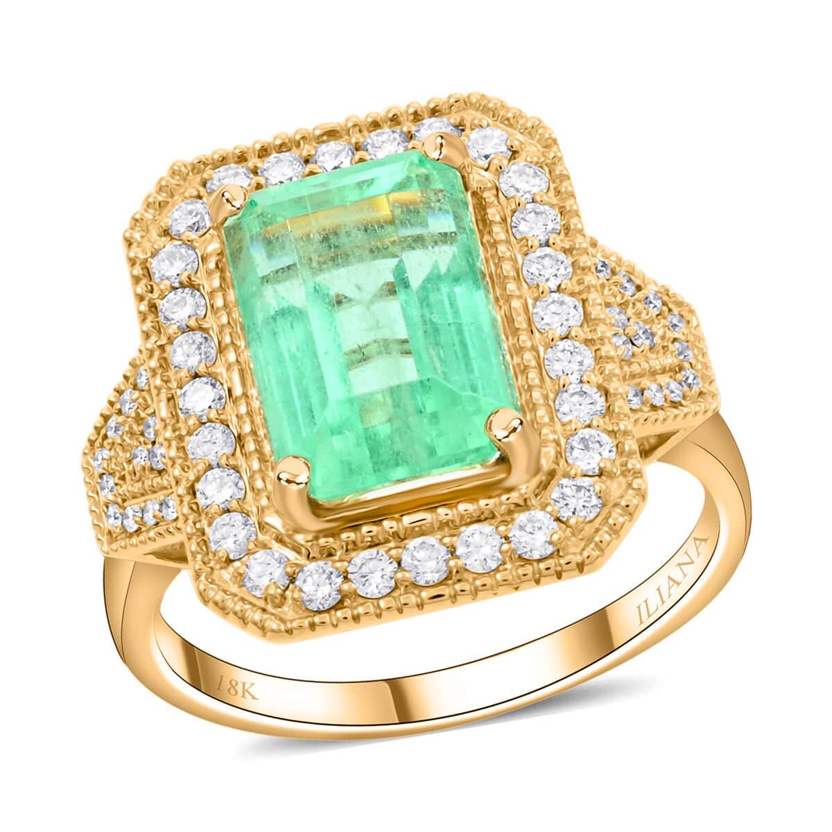 One Of A Kind Certified & Appraised Iliana 18K Yellow Gold AAA Boyaca Colombian Emerald and G-H SI Diamond Halo Ring (Size 7.0) 6.92 Grams 4.80 ctw image number 0