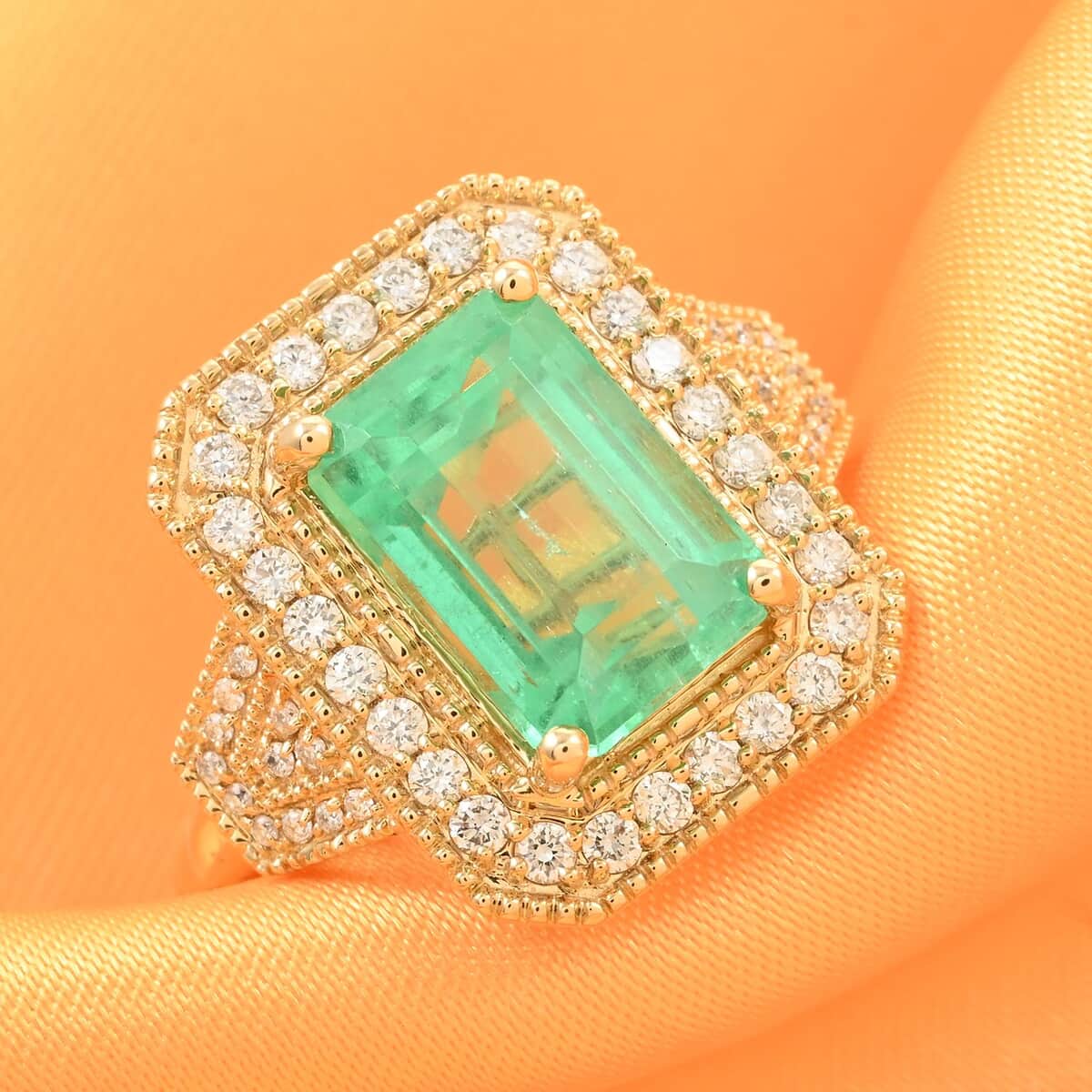 One Of A Kind Certified & Appraised Iliana 18K Yellow Gold AAA Boyaca Colombian Emerald and G-H SI Diamond Halo Ring (Size 7.0) 6.92 Grams 4.80 ctw image number 1