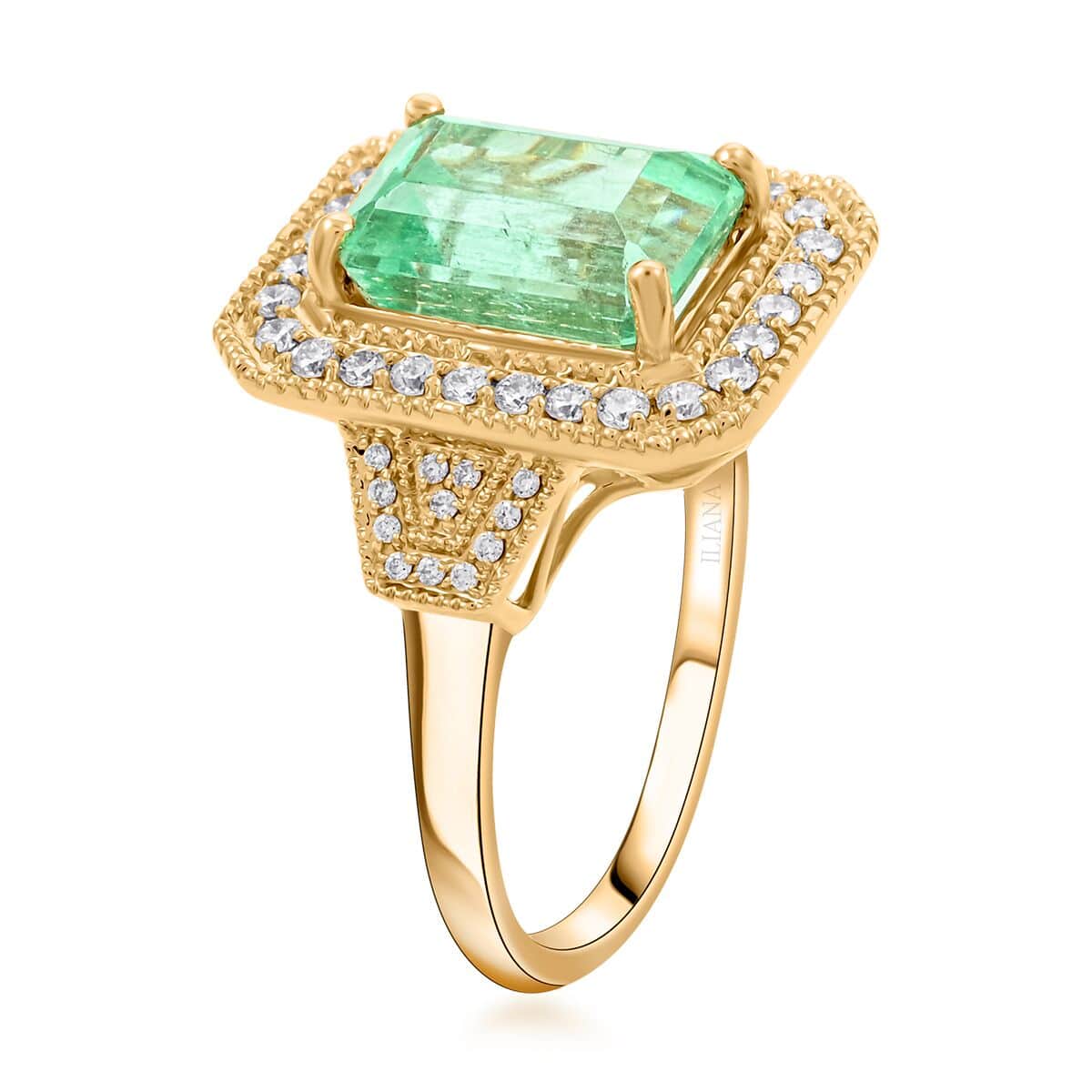 One Of A Kind Certified & Appraised Iliana 18K Yellow Gold AAA Boyaca Colombian Emerald and G-H SI Diamond Halo Ring (Size 7.0) 6.92 Grams 4.80 ctw image number 3