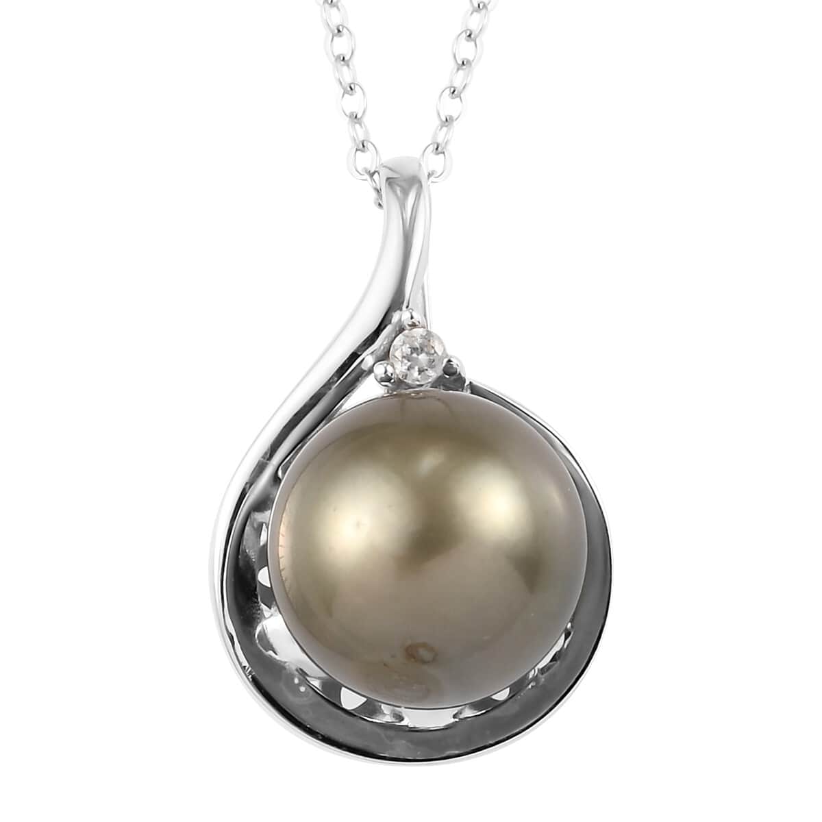 Tahitian Pearl and Zircon Pendant Necklace 20 Inches in Platinum Over Sterling Silver 7.50 ctw image number 0