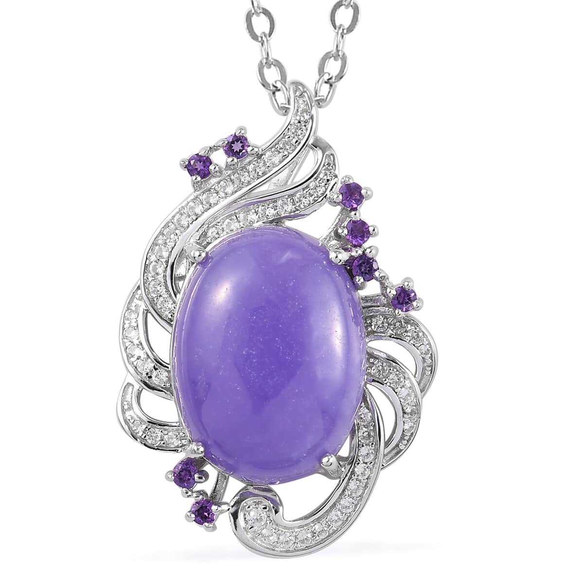 Purple Jade (D) and Multi Gemstone Pendant Necklace 20 Inches in Platinum Over Sterling Silver 15.60 ctw image number 0