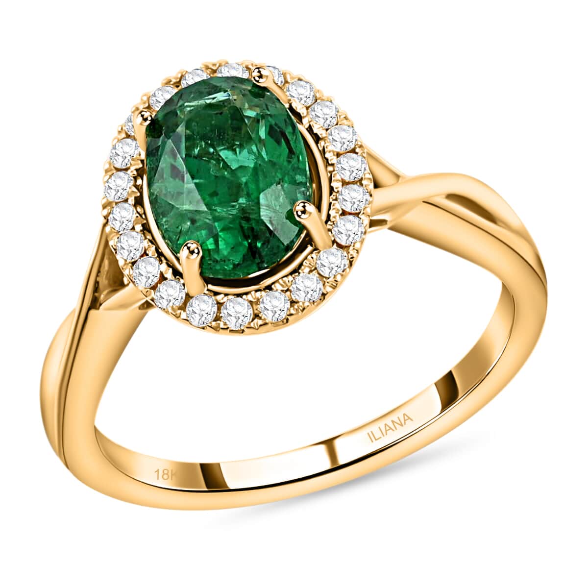 Iliana 18K Yellow Gold AAA Kagem Zambian Emerald and G-H SI Diamond Halo Ring (Size 7.0) 4.25 Grams 2.00 ctw image number 0