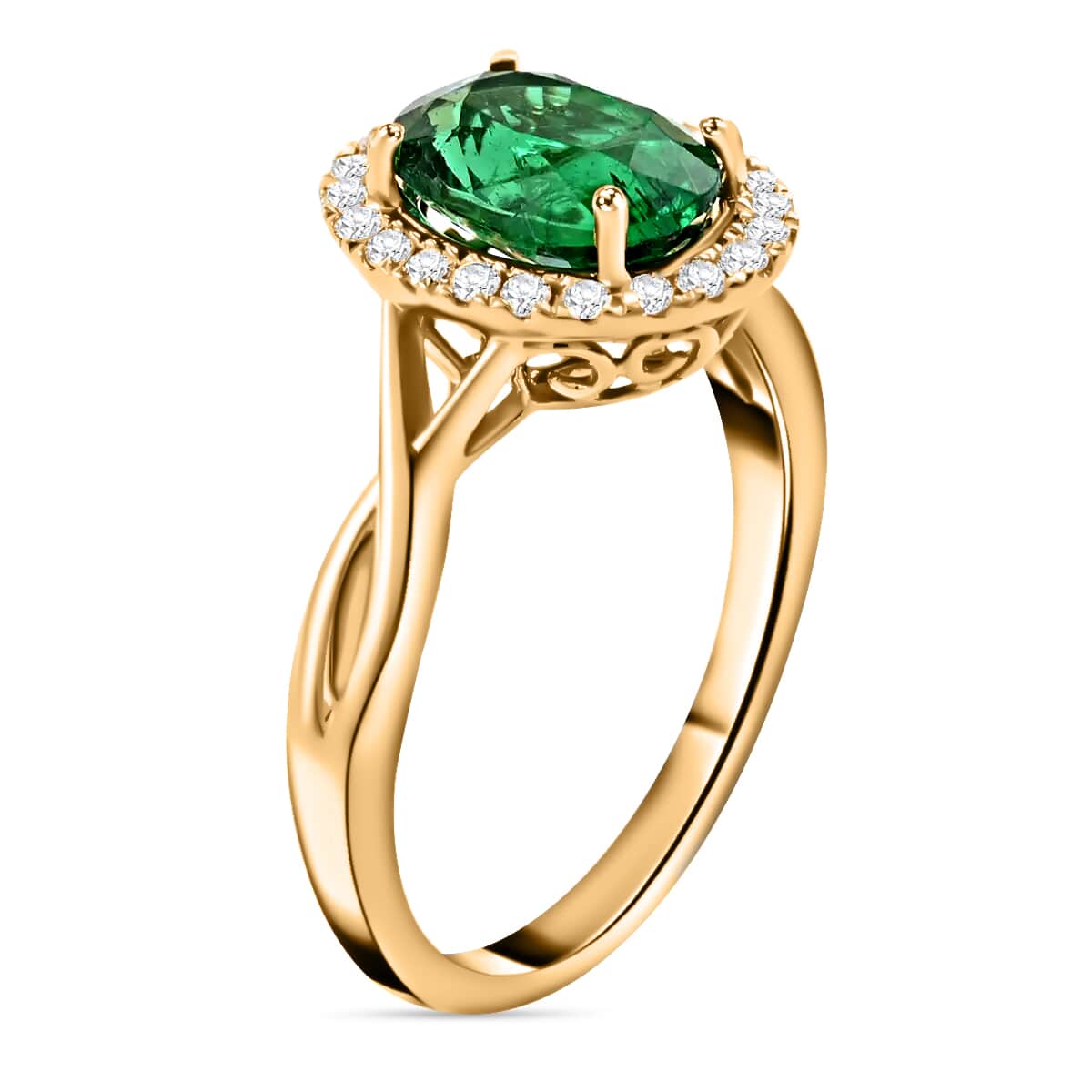 Iliana 18K Yellow Gold AAA Kagem Zambian Emerald and G-H SI Diamond Halo Ring (Size 7.0) 4.25 Grams 2.00 ctw image number 3