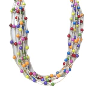 Multi Color Wooden Beaded and Cotton Cord Necklace 24 Inches in Silvertone