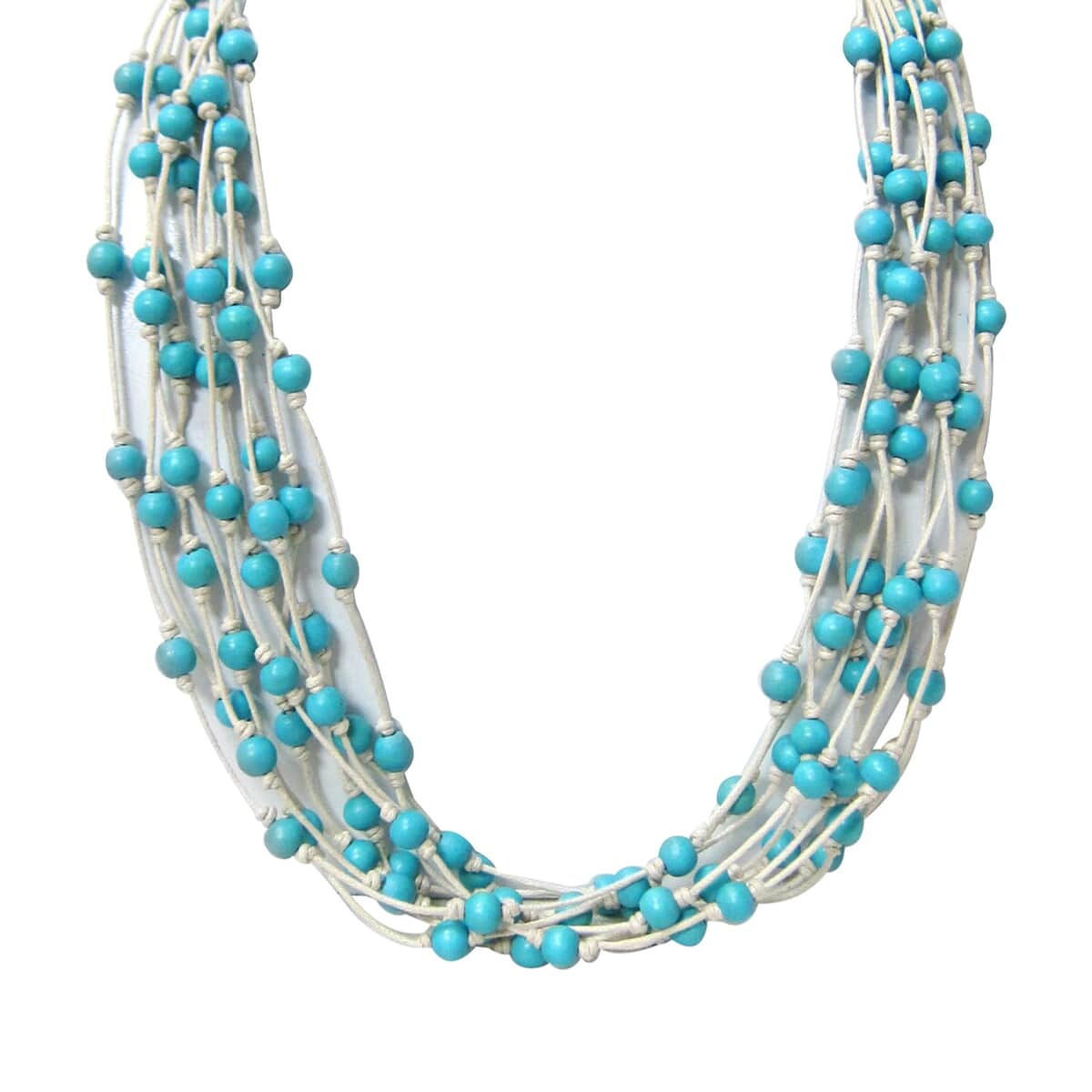 Turquoise Color Wooden Beaded and Cotton Cord Necklace 24 Inches in Silvertone image number 0