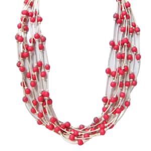 Pink Wooden Beaded and Cotton Cord Necklace 24 Inches in Silvertone