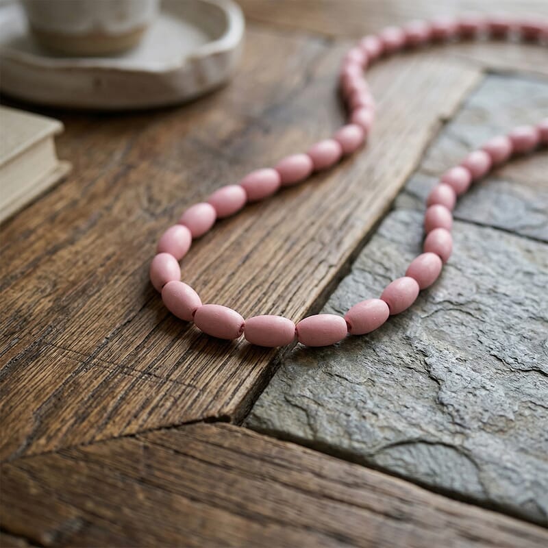 Pink Wooden Beaded Rope Necklace 38 Inches