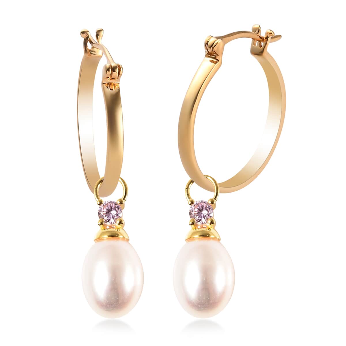 White Freshwater Pearl and Simulated Pink Diamond Interchangeable Earrings Drop Pearl Charms in 14K Yellow Gold Over Sterling Silver image number 0