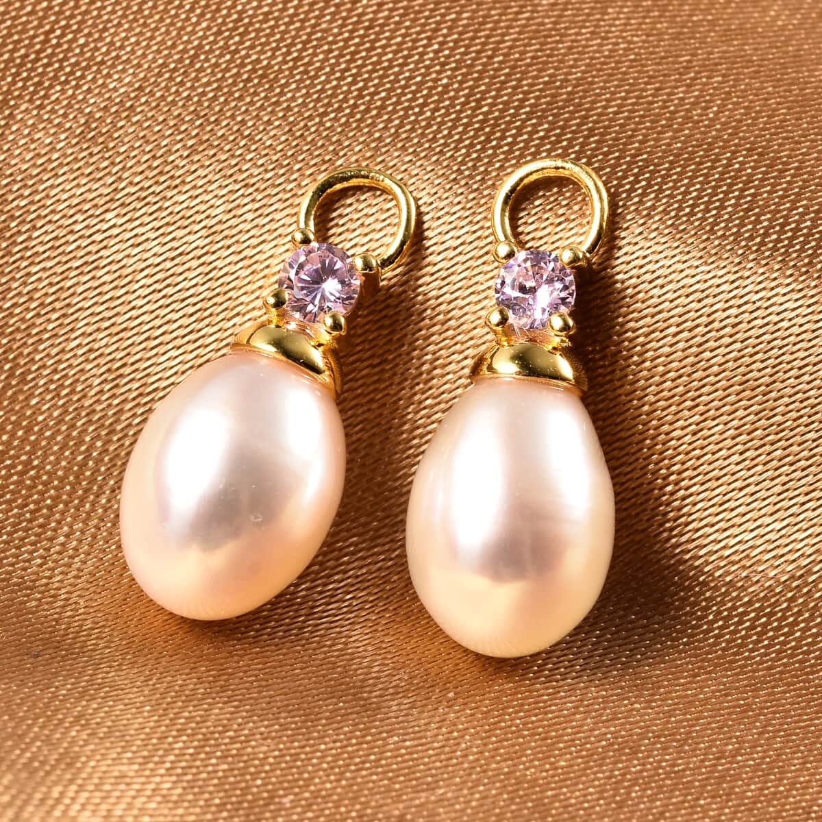 White Freshwater Pearl and Simulated Pink Diamond Interchangeable Earrings Drop Pearl Charms in 14K Yellow Gold Over Sterling Silver image number 1