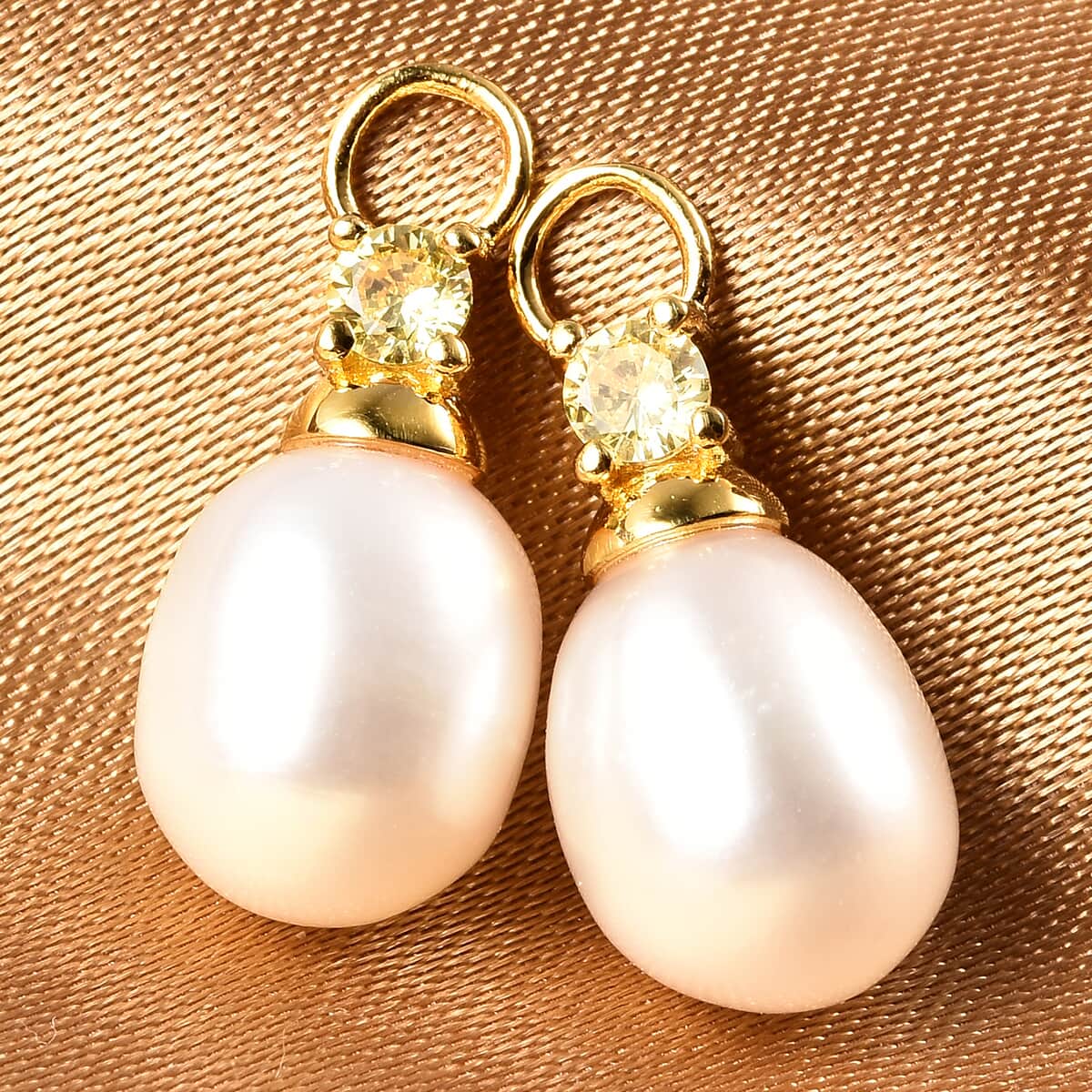 White Freshwater Pearl and Simulated Yellow Diamond Interchangeable Earrings Drop Pearl Charms in 14K Yellow Gold Over Sterling Silver image number 1