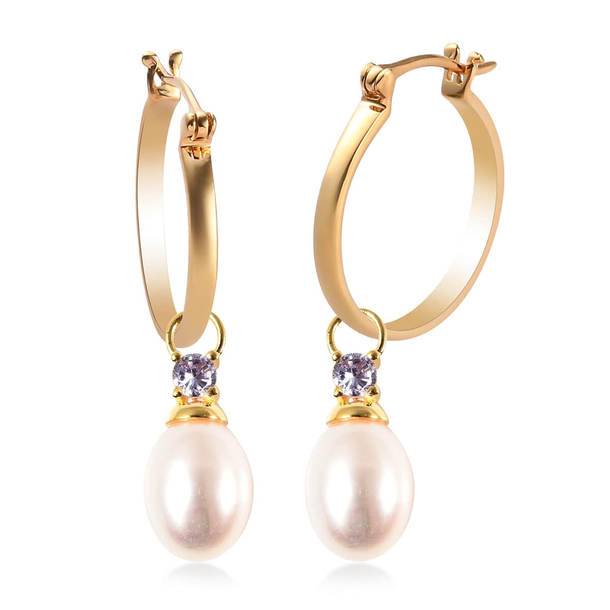 White Freshwater Pearl and Simulated Lavender Diamond Interchangeable Earrings Drop Pearl Charms in 14K Yellow Gold Over Sterling Silver image number 0