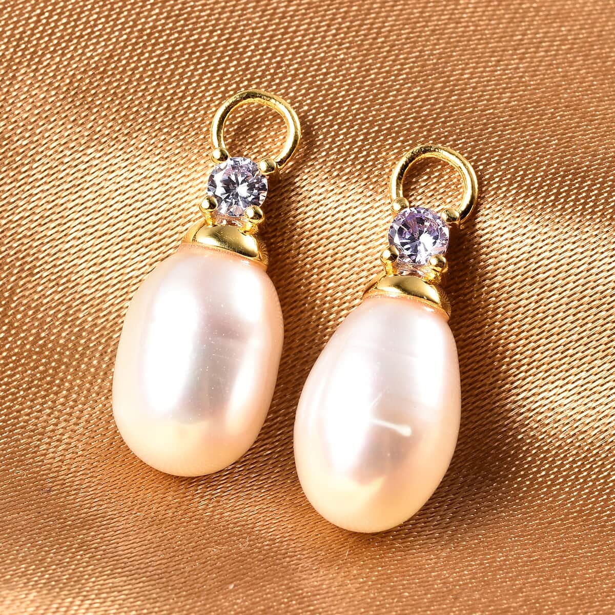 White Freshwater Pearl and Simulated Lavender Diamond Interchangeable Earrings Drop Pearl Charms in 14K Yellow Gold Over Sterling Silver image number 1