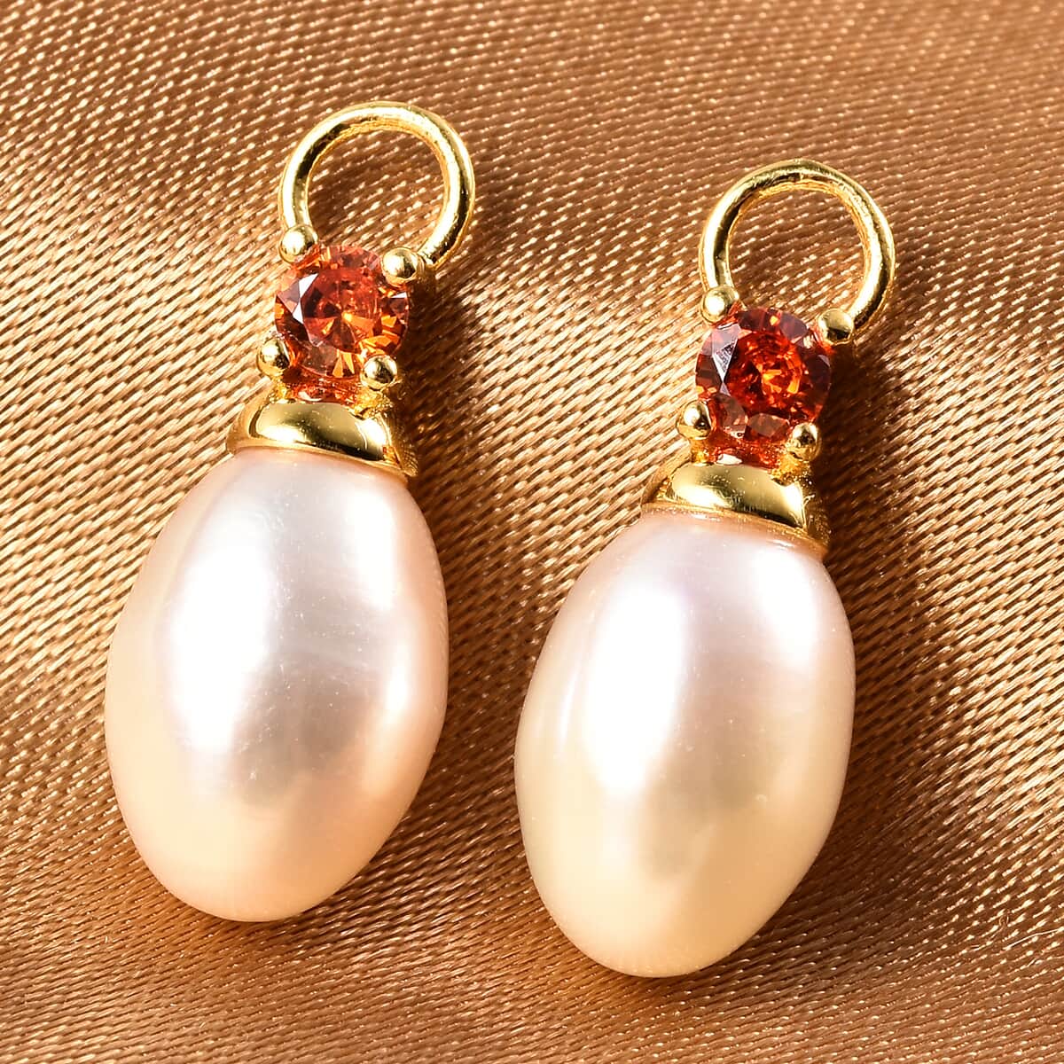 White Freshwater Pearl and Simulated Orange Diamond Interchangeable Earrings Drop Pearl Charms in 14K Yellow Gold Over Sterling Silver image number 1