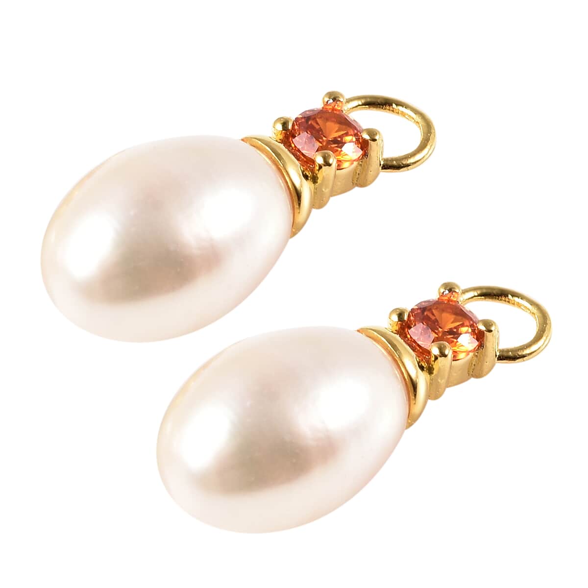 White Freshwater Pearl and Simulated Orange Diamond Interchangeable Earrings Drop Pearl Charms in 14K Yellow Gold Over Sterling Silver image number 3