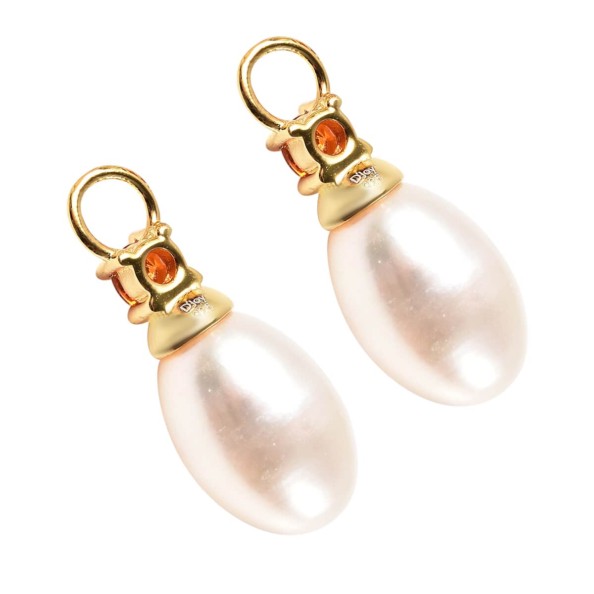 White Freshwater Pearl and Simulated Orange Diamond Interchangeable Earrings Drop Pearl Charms in 14K Yellow Gold Over Sterling Silver image number 4