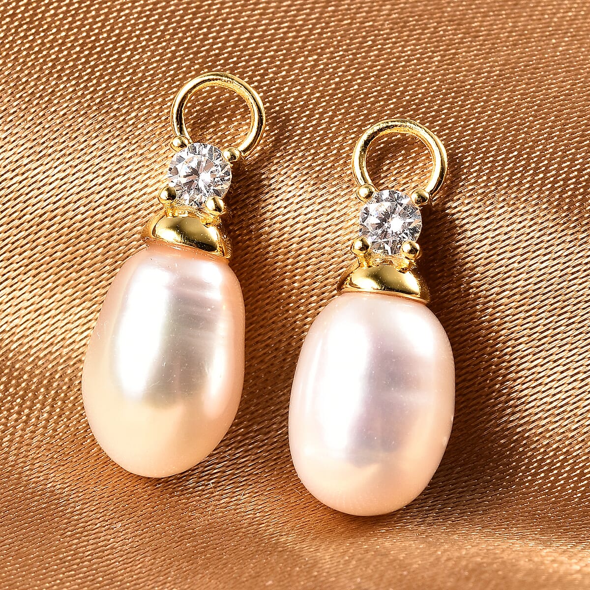 White Freshwater Pearl and Simulated Diamond Interchangeable Earrings Drop Pearl Charms in 14K Yellow Gold Over Sterling Silver image number 1