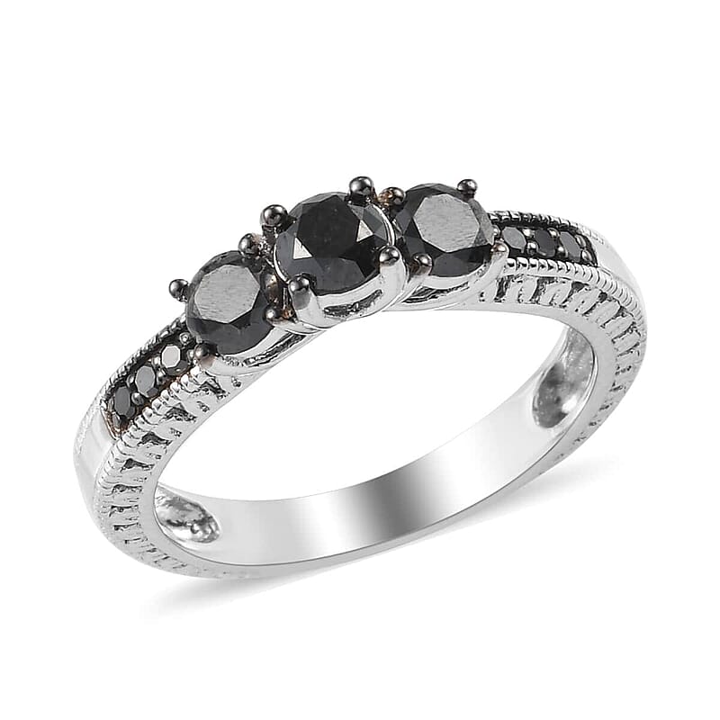 Black Diamond Ring in Rhodium and Platinum Over Sterling Silver (Size 8.0) 0.85 ctw