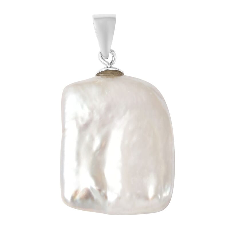 White Keshi Pearl Pendant without Chain in Rhodium Over Sterling Silver