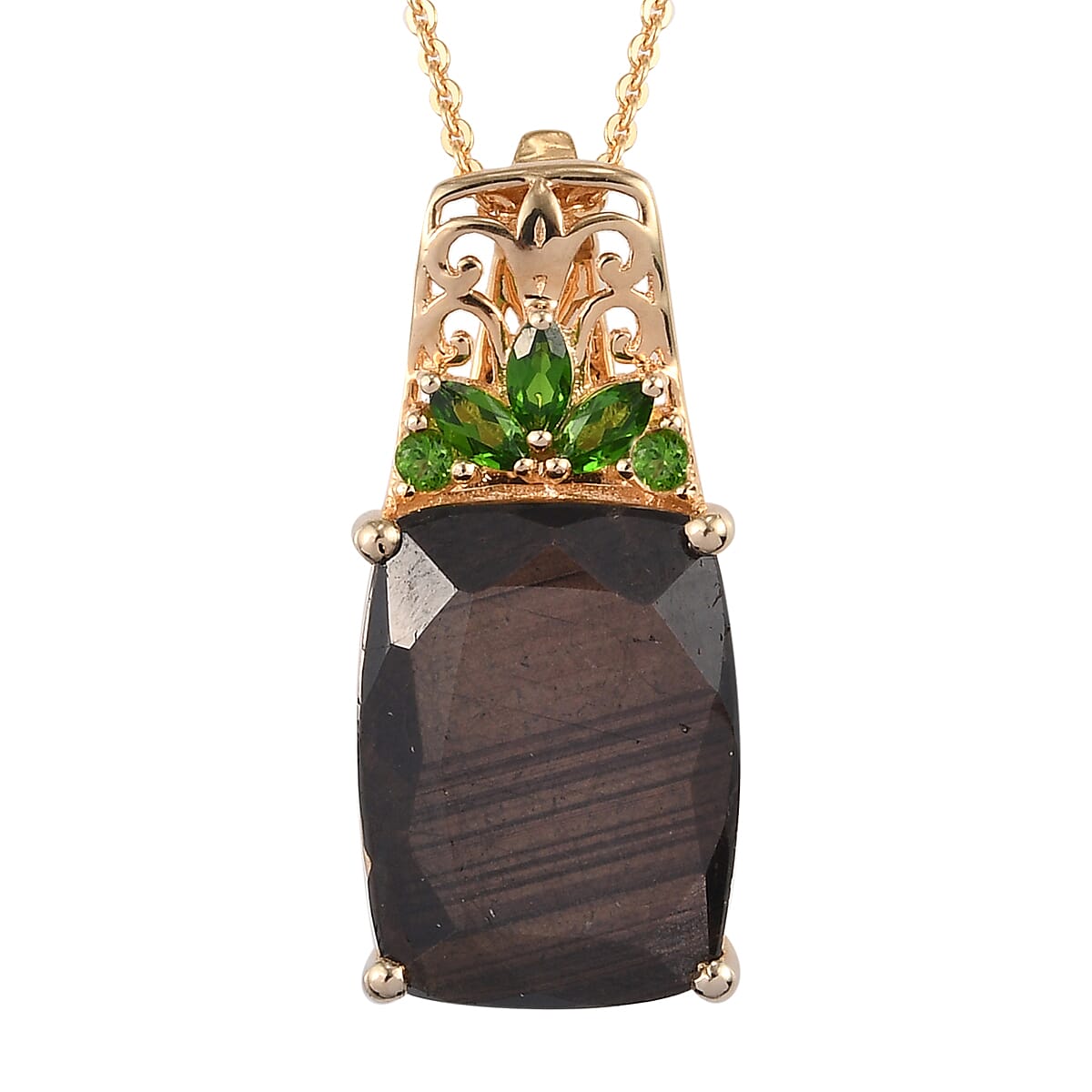 Natural Chocolate Sapphire and Natural Chrome Diopside Pendant Necklace 20 Inches in Vermeil Yellow Gold Over Sterling Silver 15.20 ctw