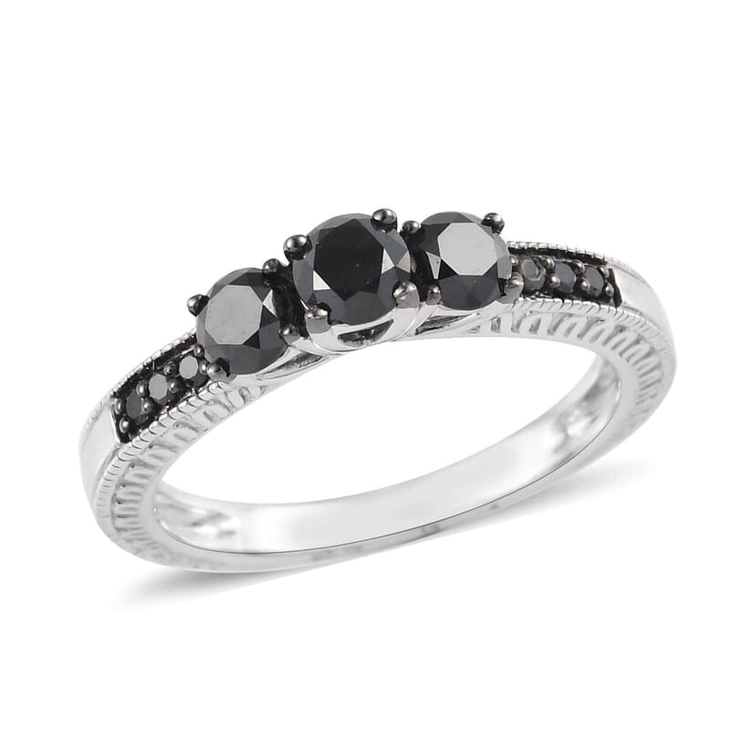 Black Diamond Ring in Rhodium and Platinum Over Sterling Silver (Size 8.0) 0.80 ctw