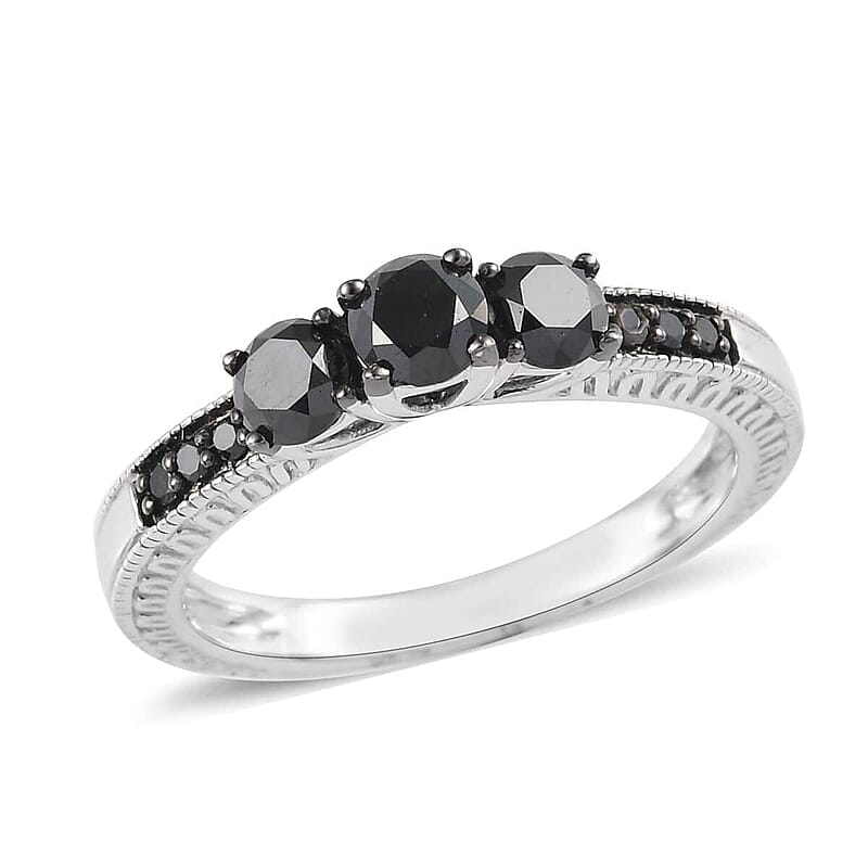 Black Diamond Ring in Rhodium and Platinum Over Sterling Silver (Size 8.0) 0.80 ctw