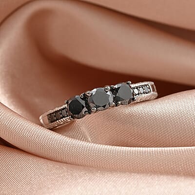 Black Diamond Ring in Rhodium and Platinum Over Sterling Silver (Size 8.0) 0.80 ctw