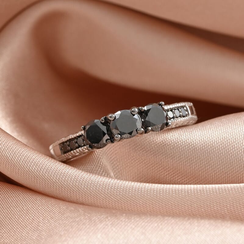 Black Diamond Ring in Rhodium and Platinum Over Sterling Silver (Size 8.0) 0.80 ctw