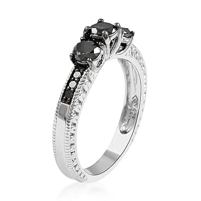 Black Diamond Ring in Rhodium and Platinum Over Sterling Silver (Size 8.0) 0.80 ctw