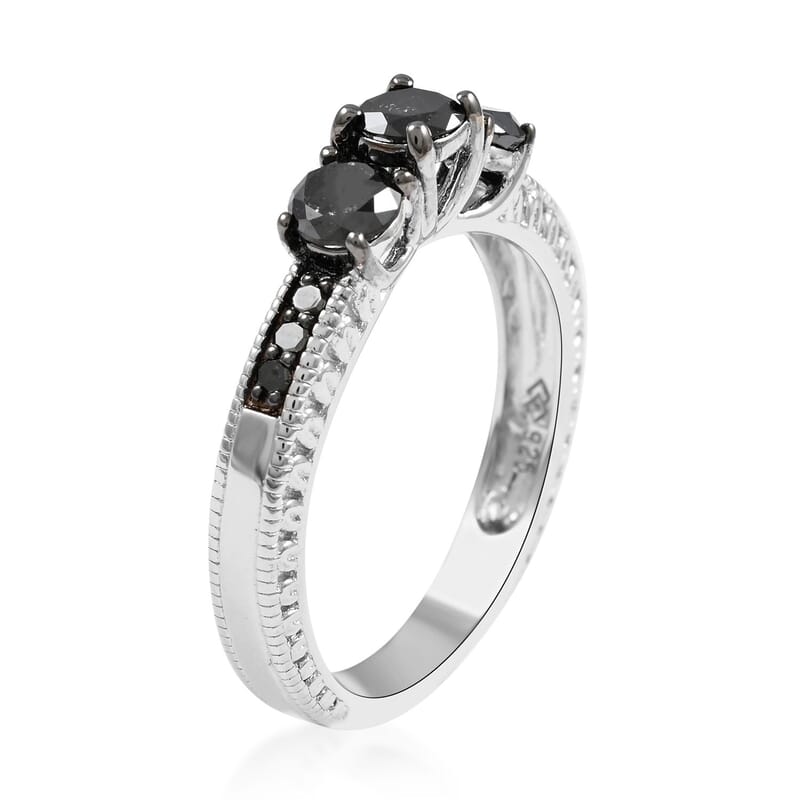Black Diamond Ring in Rhodium and Platinum Over Sterling Silver (Size 8.0) 0.80 ctw
