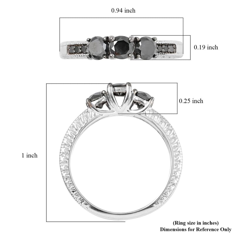 Black Diamond Ring in Rhodium and Platinum Over Sterling Silver (Size 8.0) 0.80 ctw
