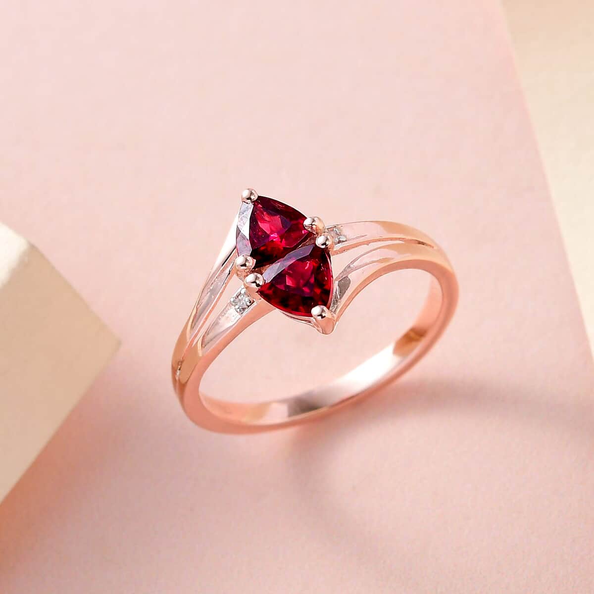 Natural Tanzanian Wine Garnet and Natural White Zircon Ring in Vermeil Rose Gold Over Sterling Silver 1.10 ctw image number 1