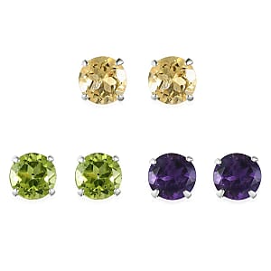 Peridot, Brazilian Citrine and Amethyst 2.75 ctw Set of 3 Solitaire Stud Earrings in Sterling Silver