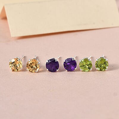 Peridot, Brazilian Citrine and Amethyst 2.75 ctw Set of 3 Solitaire Stud Earrings in Sterling Silver