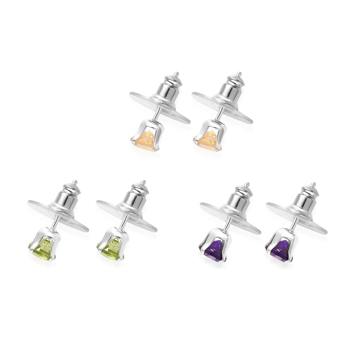 Peridot, Brazilian Citrine and Amethyst Set of 3 Solitaire Stud Earrings in Sterling Silver 2.75 ctw image number 3