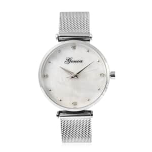 Genoa Diamond Accent Miyota Japanese Movement Water Resistant MOP Dial Watch with Stainless Steel Mesh Strap and Steel Back