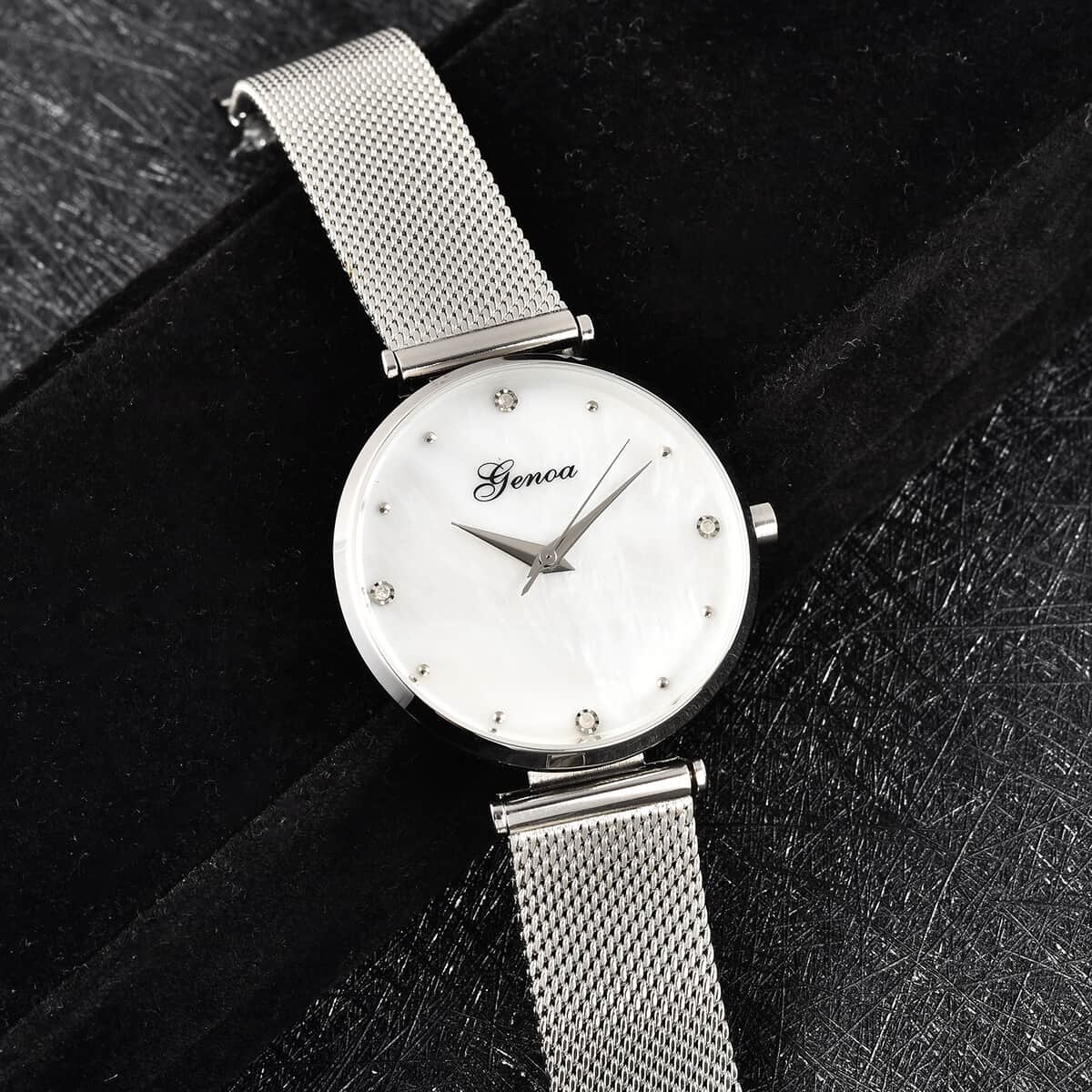 Genoa Diamond Accent Miyota Japanese Movement Water Resistant MOP Dial Watch with Stainless Steel Mesh Strap and Steel Back image number 1