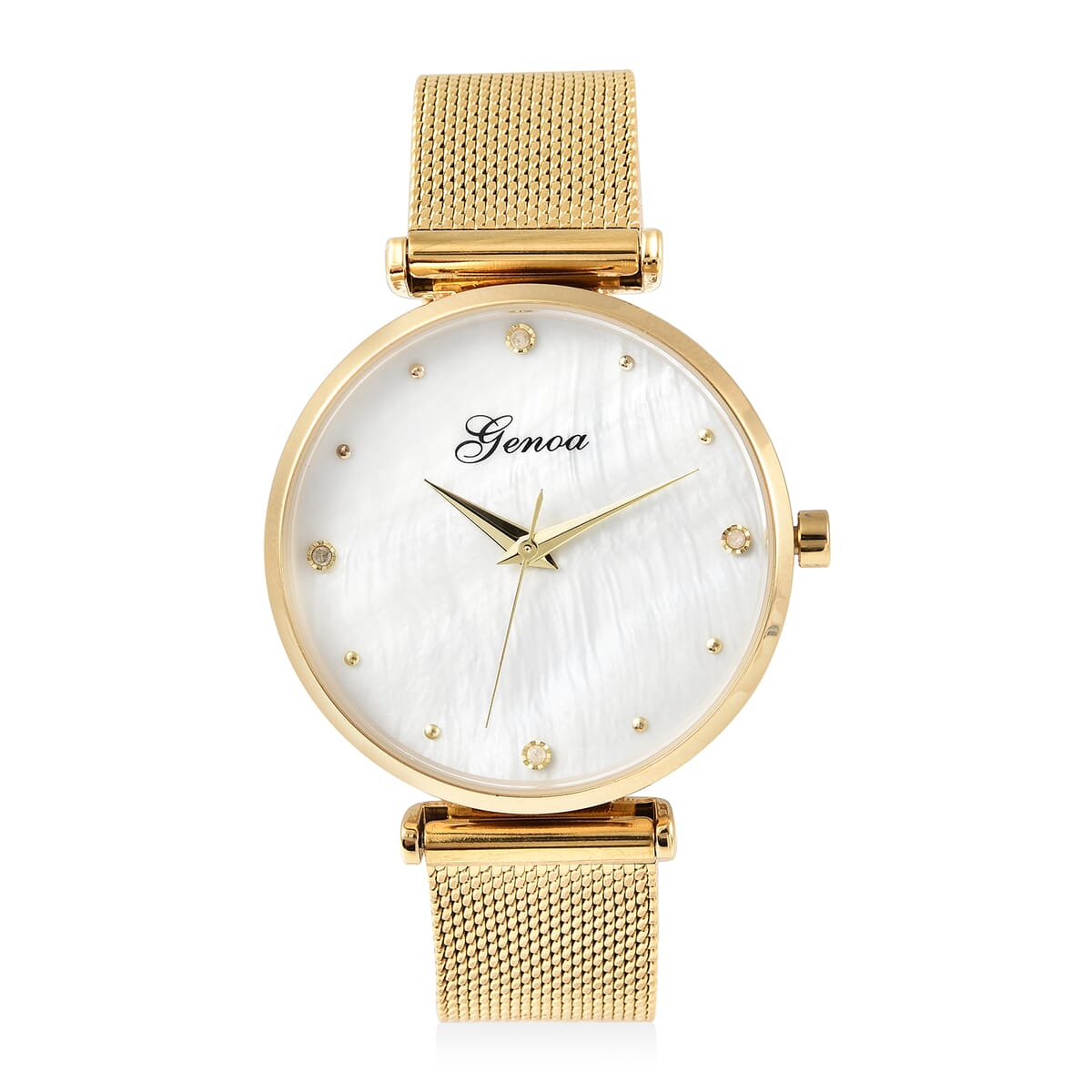 Genoa Diamond Accent Miyota Japanese Movement Water Resistant MOP Dial Watch with ION Plated Yellow Gold Stainless Steel Mesh Strap and Steel Back image number 0