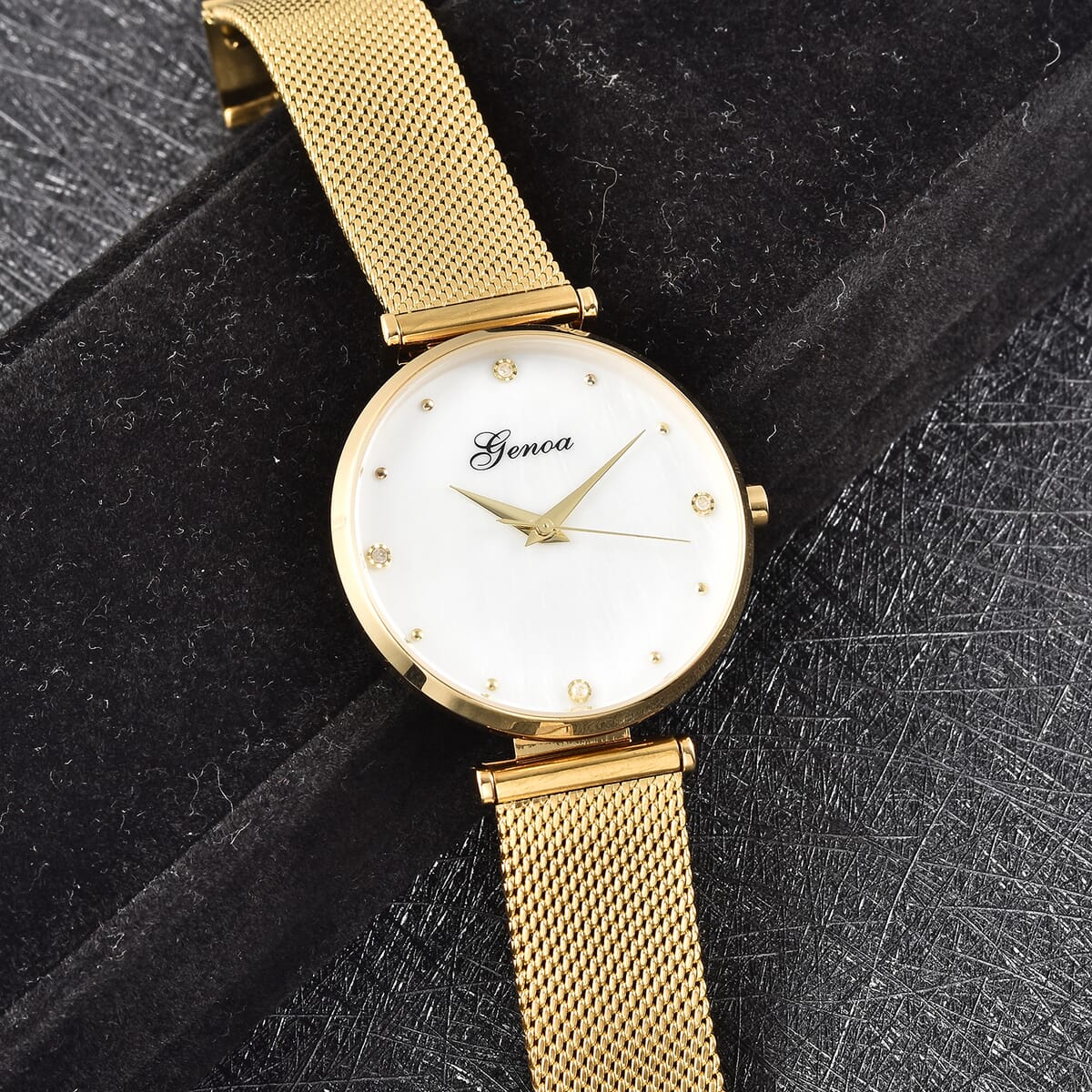 Genoa Diamond Accent Miyota Japanese Movement Water Resistant MOP Dial Watch with ION Plated Yellow Gold Stainless Steel Mesh Strap and Steel Back image number 1