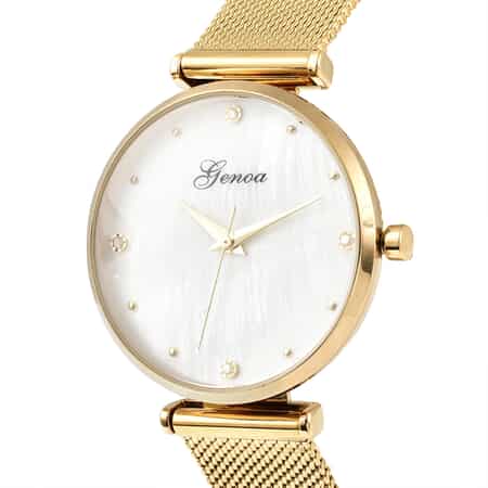 Genoa Diamond Accent Miyota Japanese Movement Water Resistant MOP Dial Watch with ION Plated Yellow Gold Stainless Steel Mesh Strap and Steel Back image number 3