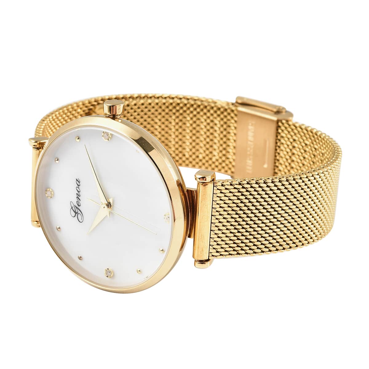 Genoa Diamond Accent Miyota Japanese Movement Water Resistant MOP Dial Watch with ION Plated Yellow Gold Stainless Steel Mesh Strap and Steel Back image number 4