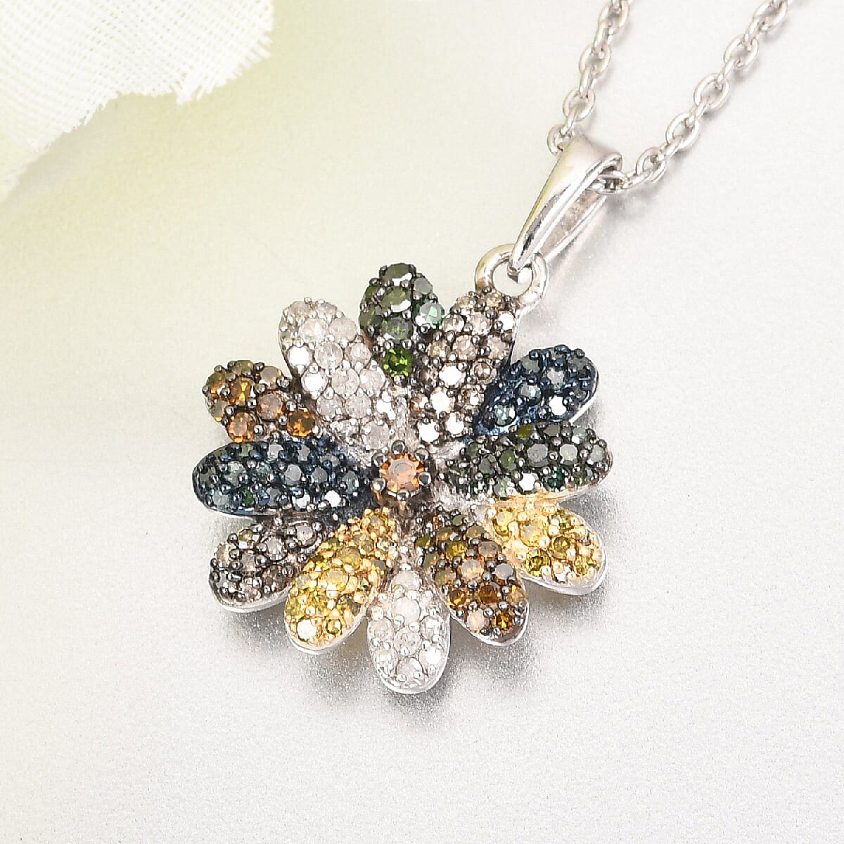 Multi Diamond Floral Pendant Necklace 20 Inches in Rhodium and Platinum Over Sterling Silver 1.00 ctw image number 1