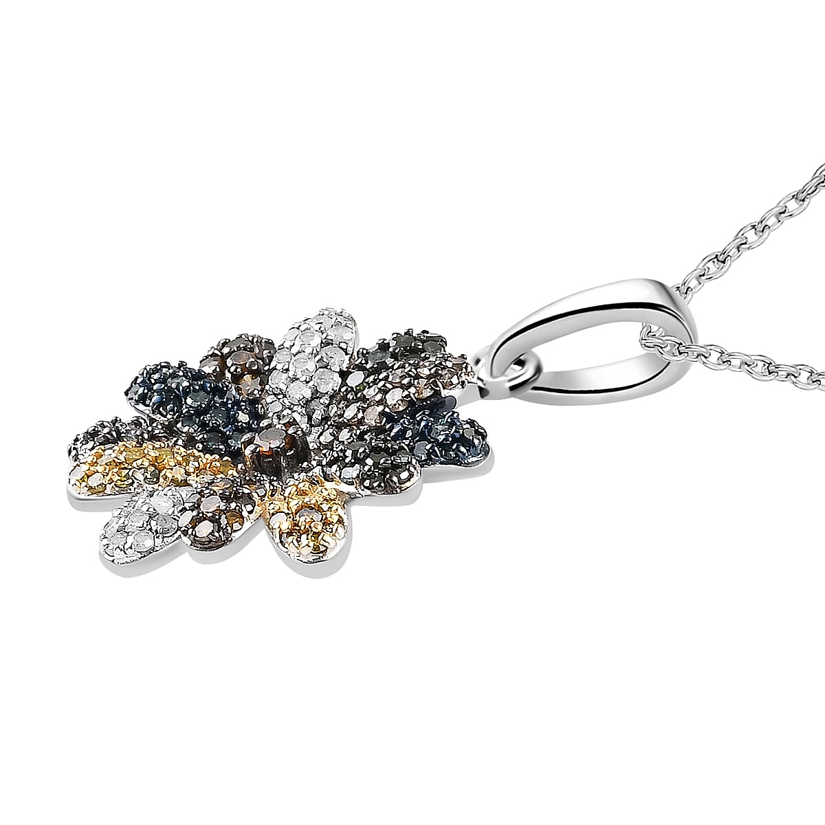 Multi Diamond Floral Pendant Necklace 20 Inches in Rhodium and Platinum Over Sterling Silver 1.00 ctw image number 3
